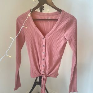 Hollister Pink Ribbed V-Neck Button Down Tie Shirt Size:M